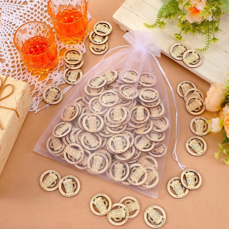 Motionchic 200 Pcs Drink Tokens Bulk for Bars Personalized Wooden Drink Tickets with Organza Bags Poker Chips for Wedding Party Oktoberfest Bar Event Supplies - Image 2